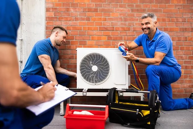 Two HVAC technicians working beside a residential outdoor unit